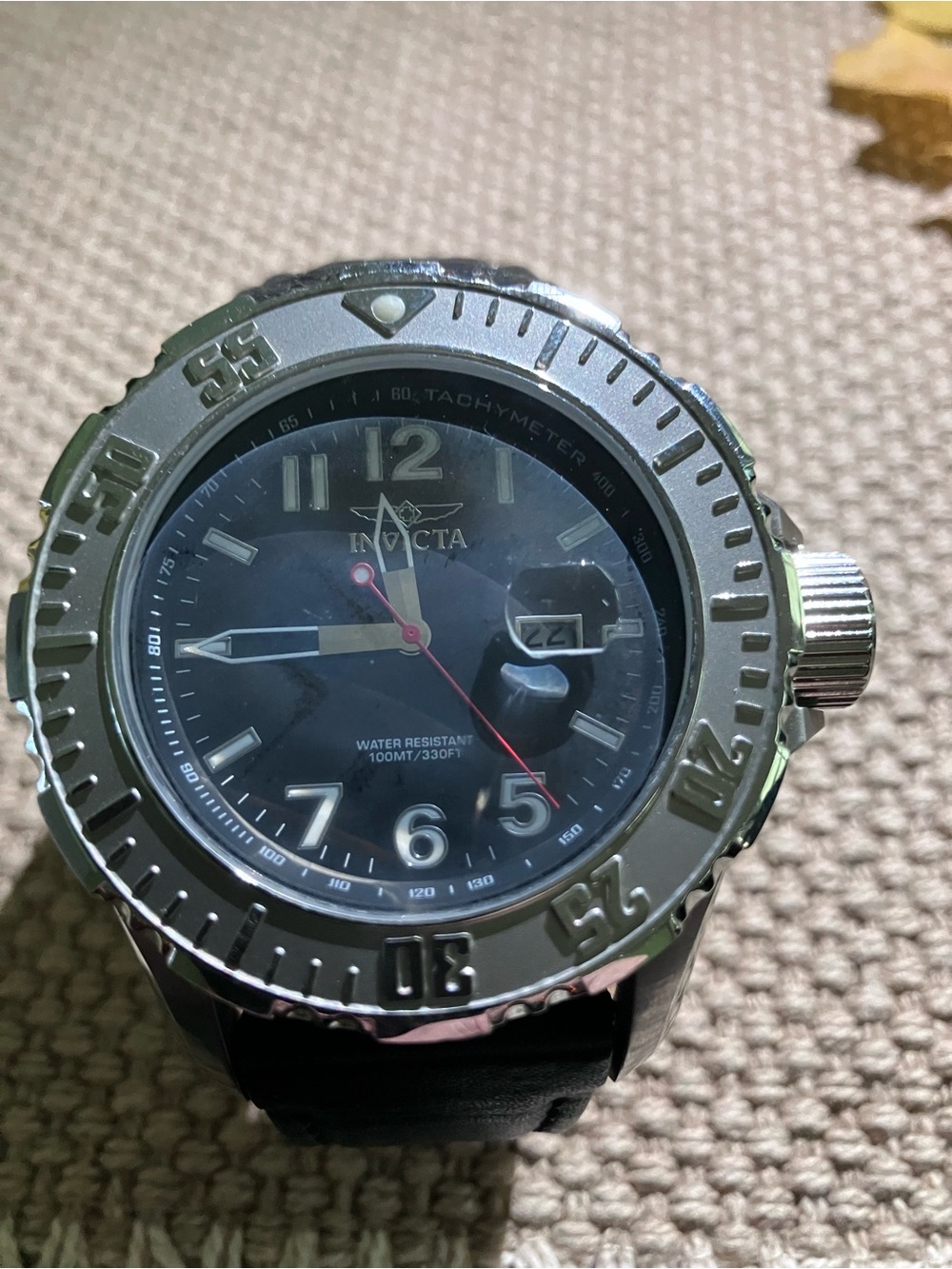 Invicta Men's Silver Case Black Dial Watch with Red Sweep